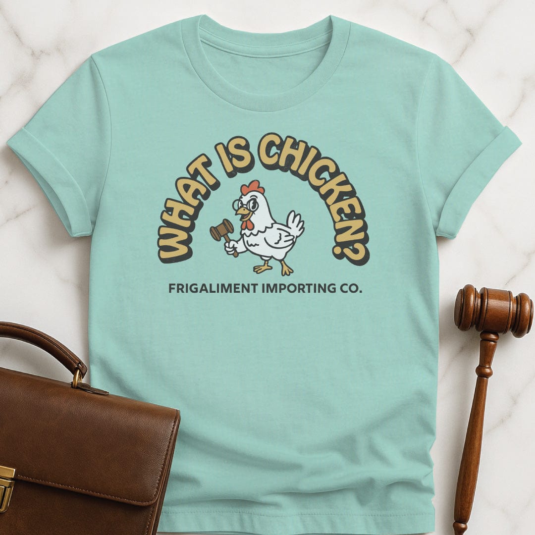 funny law student t-shirt that says What Is Chicken Frigaliment Importing Co featuring retro chicken with glasses and a gavel in heather green