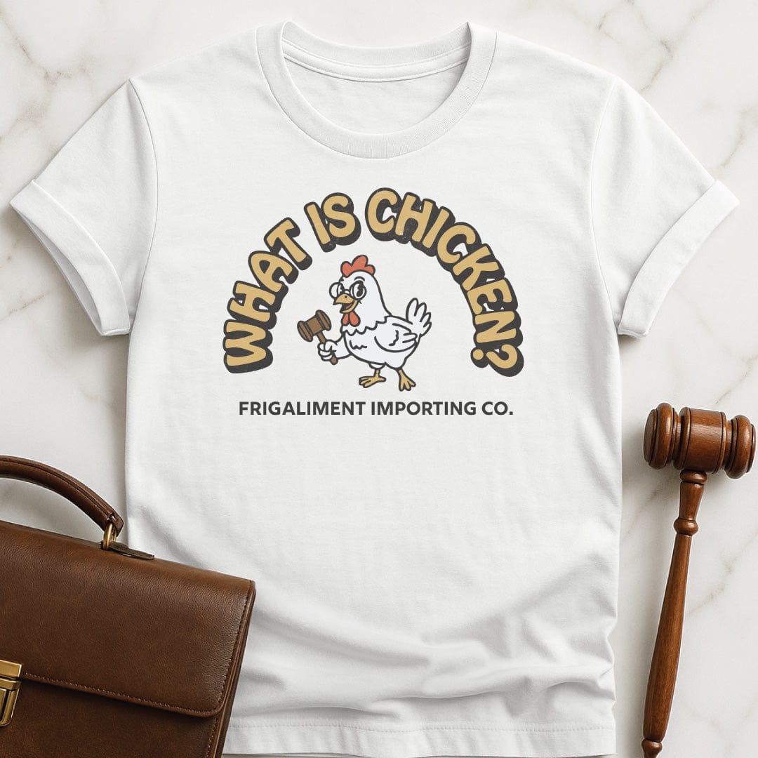 funny law student graphic tshirt that says What Is Chicken Frigaliment Importing Co featuring retro chicken with glasses and a gavel in white