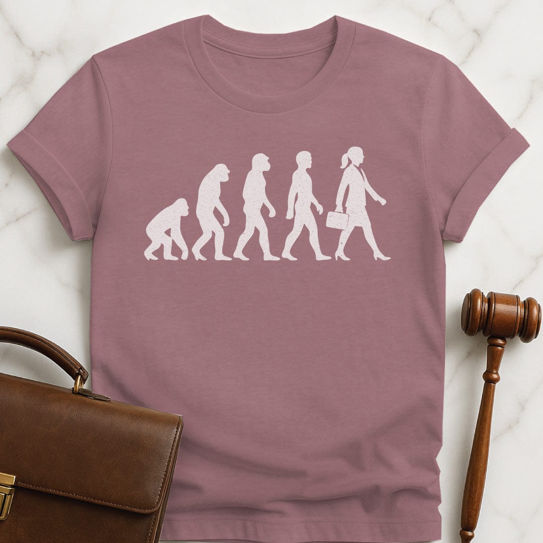 cool law student t-shirt featuring images of the evolution from monkey to neanderthal to human to lawyer in heather mauve
