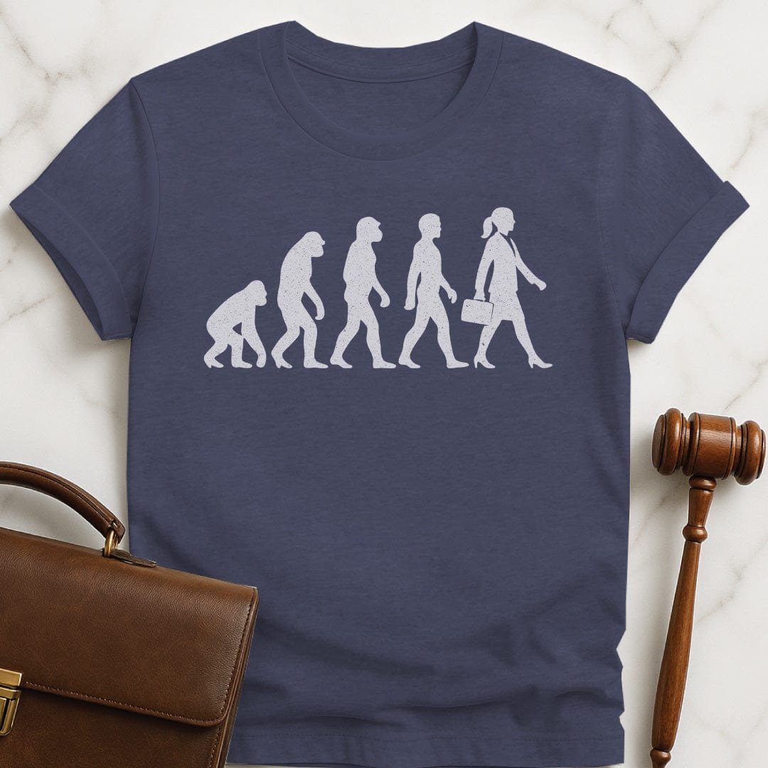 cool law graduate tshirt featuring images of the evolution from monkey to neanderthal to human to lawyer in heather blue