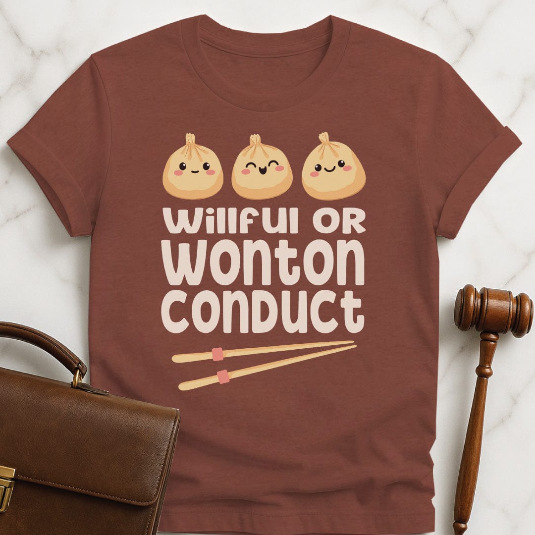 funny attorney graphic t-shirt that says willful or wonton conduct featuring cute kawaii wontons with faces in heather brown