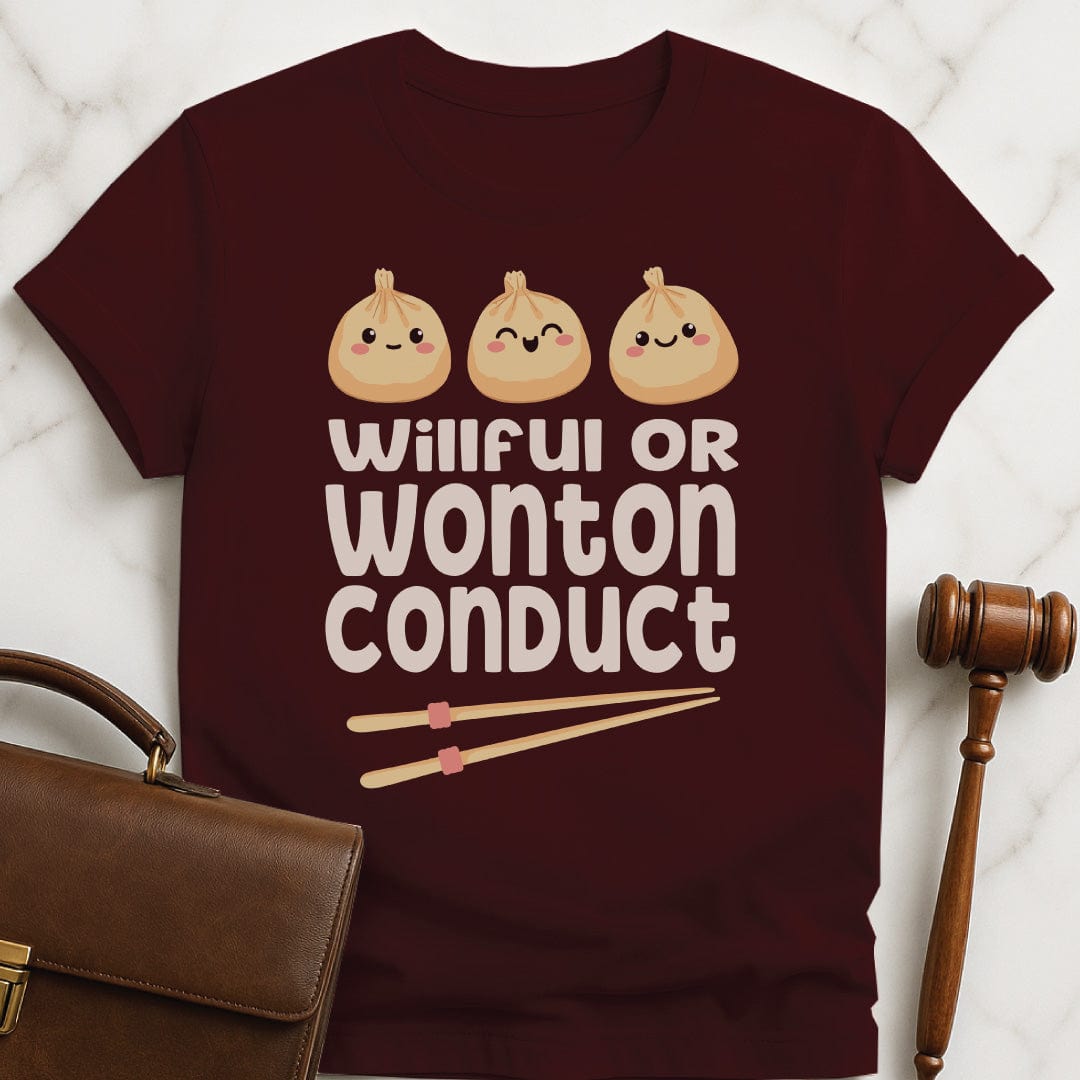 funny law student t-shirt that says willful or wonton conduct featuring cute kawaii wontons with faces in brown