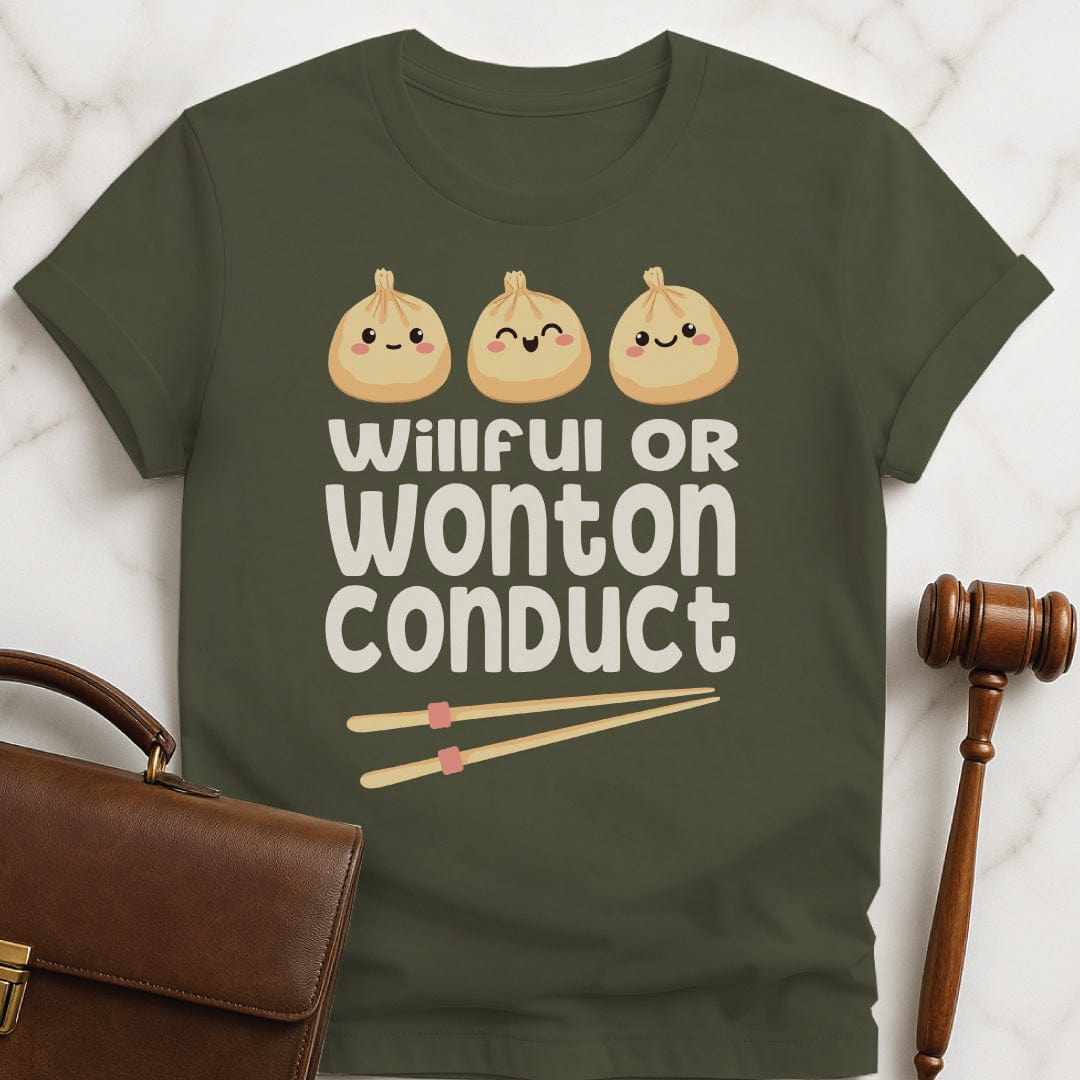 funny law graduate tshirt that says willful or wonton conduct featuring cute kawaii wontons with faces in green