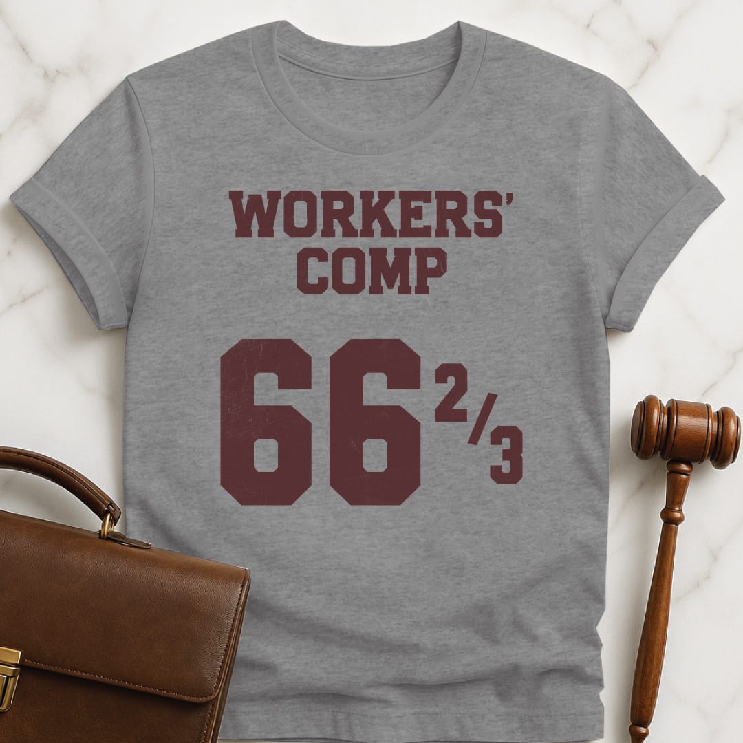 cool attorney graphic tshirt that says Workers Comp 66 two thirds in grey