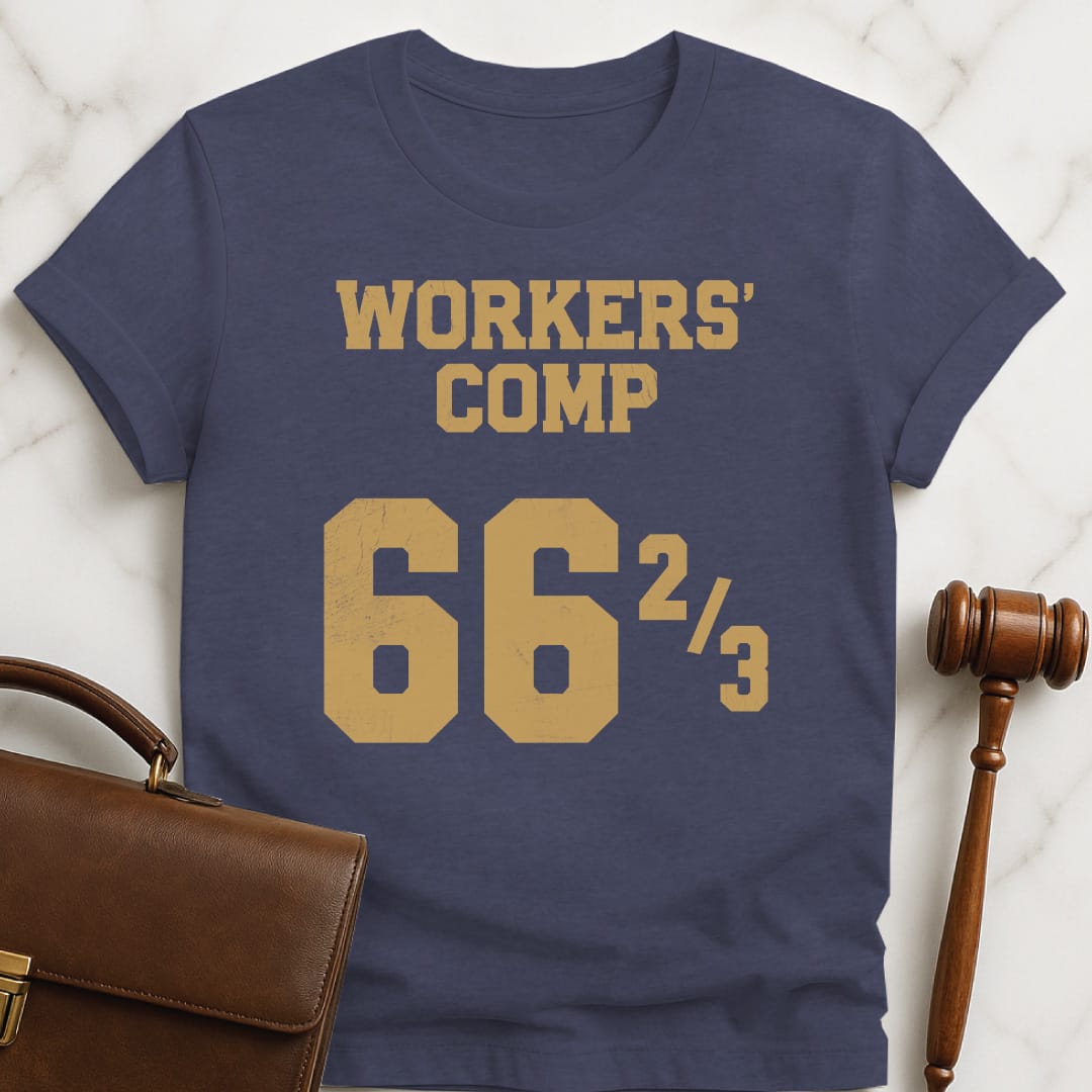 funny law school graphic tee that says Workers Comp 66 two thirds in heather blue