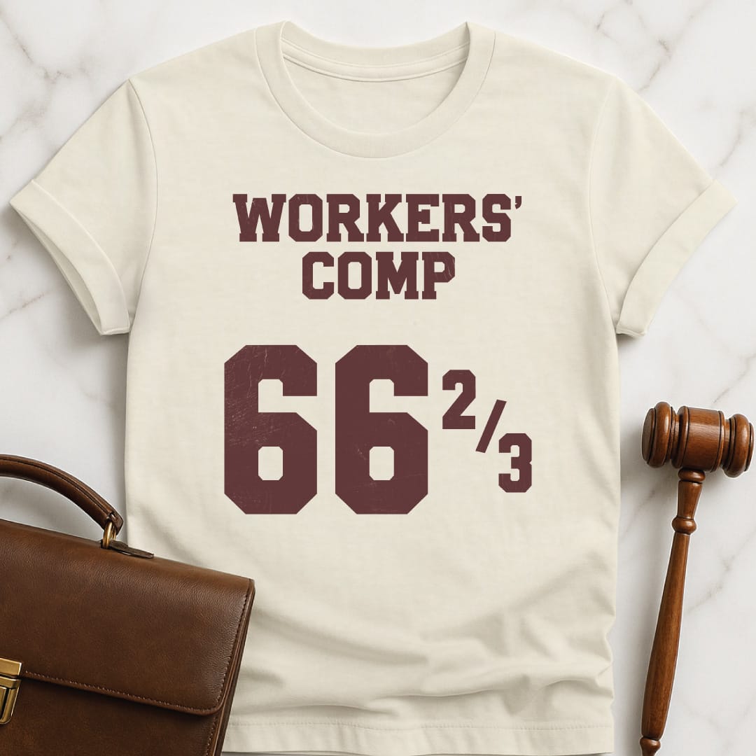 cool law student t-shirt that says Workers Comp 66 two thirds in cream