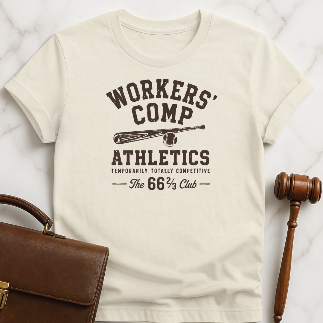 cool law school grad graphic tshirt that says Workers Comp Athletics Temporarily Totally Competitive the in cream