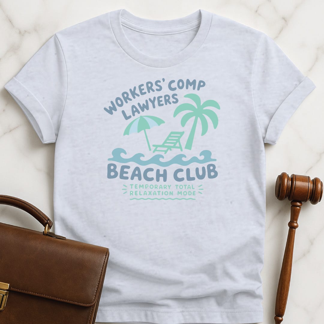 cool law graduate t shirt that says Workers Comp Lawyers Beach Club Temporary Total Relaxation Mode featuring Palm Trees in grey