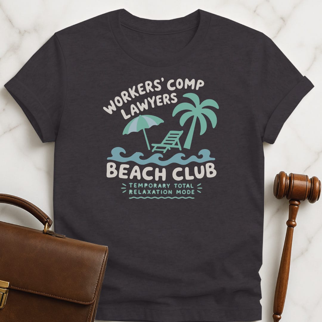 funny new lawyer tshirt that says Workers Comp Lawyers Beach Club Temporary Total Relaxation Mode featuring Palm Trees in black