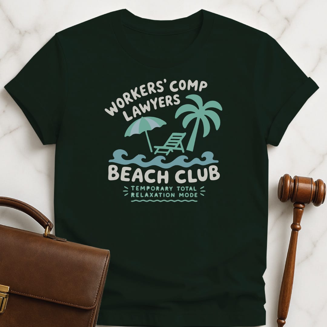 funny law grad graphic tshirt that says Workers Comp Lawyers Beach Club Temporary Total Relaxation Mode featuring Palm Trees in green