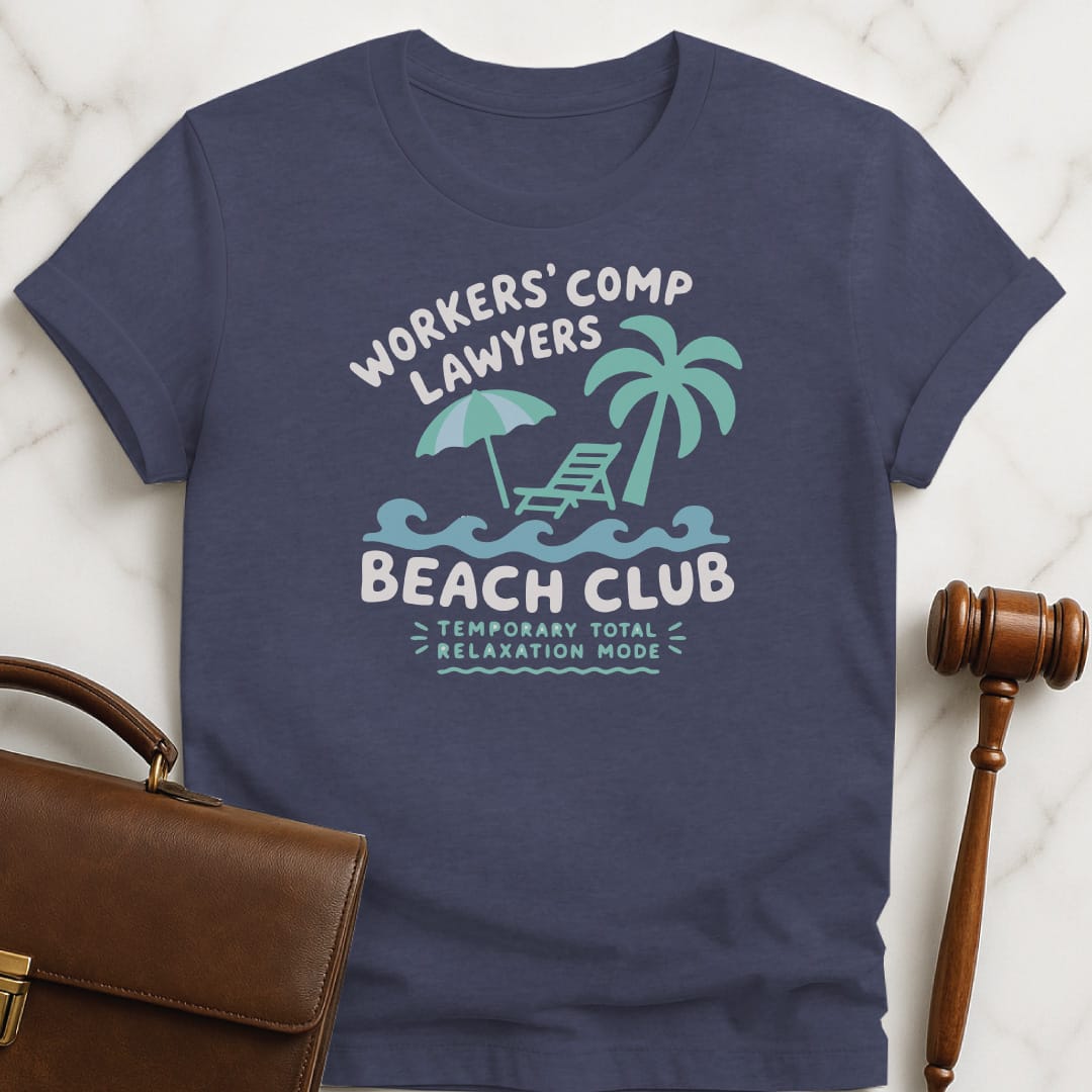 cool law school grad graphic tee that says Workers Comp Lawyers Beach Club Temporary Total Relaxation Mode featuring Palm Trees in heather blue