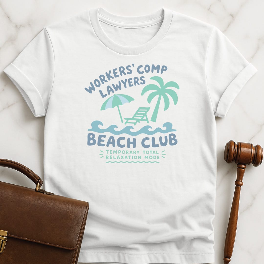 funny law school graduate t-shirt that says Workers Comp Lawyers Beach Club Temporary Total Relaxation Mode featuring Palm Trees in white
