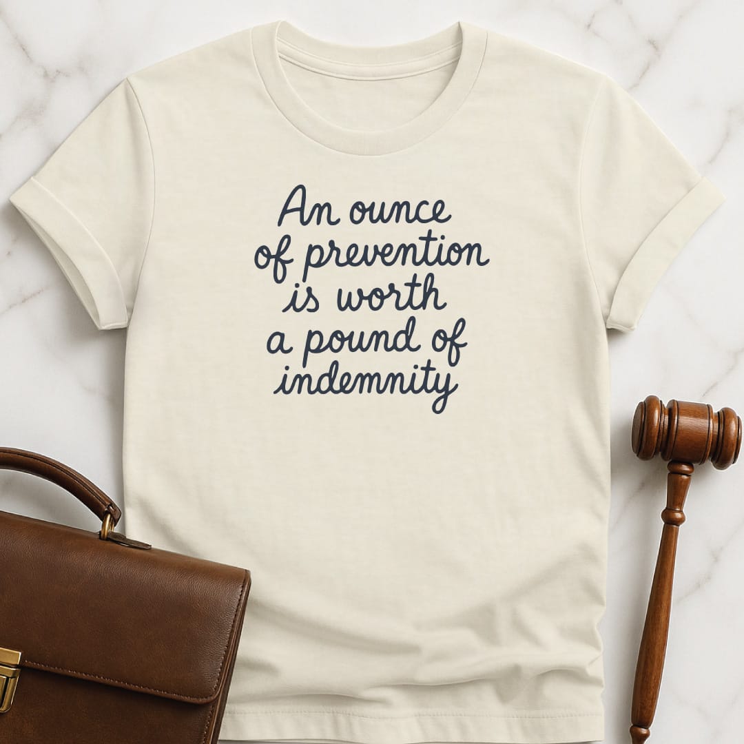 funny attorney t-shirt that says An ounce of prevention is worth a pound of indemnity featuring script handwriting in cream